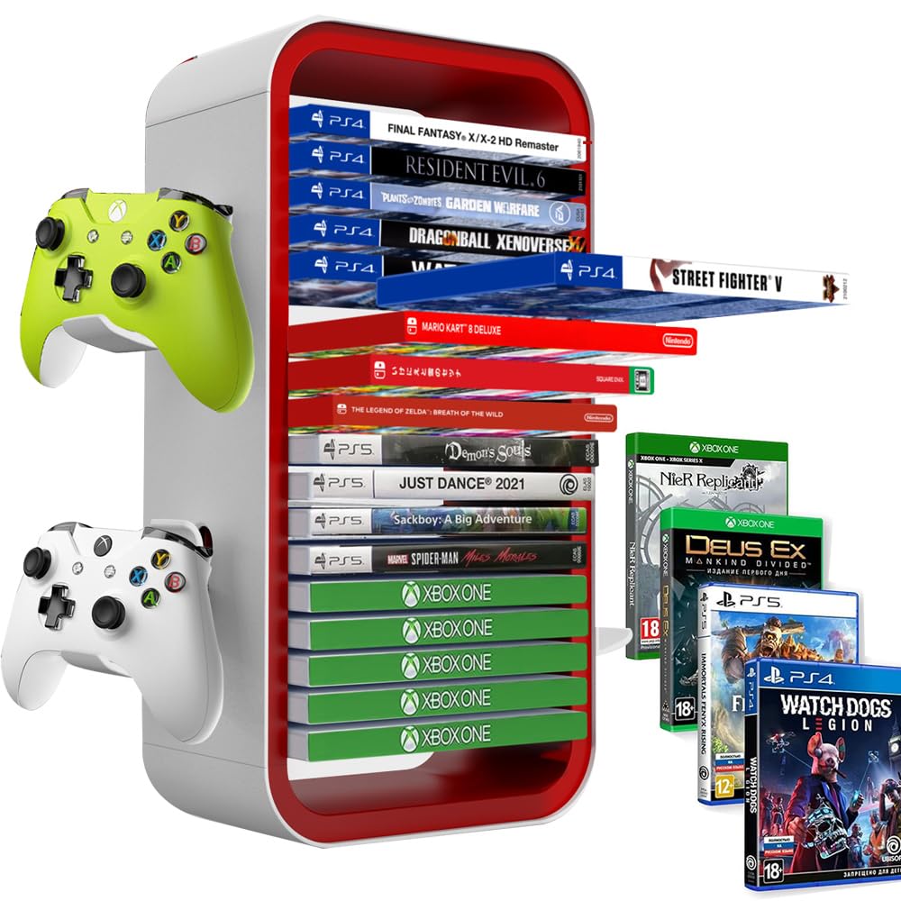 Niciksty Game Storage Tower Compatible with PS5/ Xbox Series S & X/Switch  Universal Game Ray Disks Organizer  Stores 18 Game  with 4 Controller Holders  Video Game Organizer (Red)