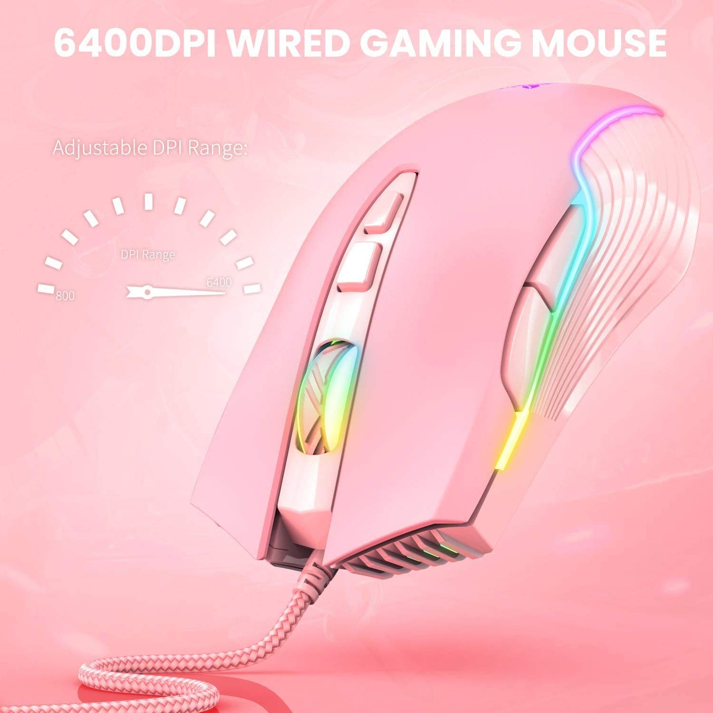 SIMGAL RGB Gaming Mouse - Wired USB Optical Mice, 6400 DPI, Ergonomic, 7 Programmable Buttons, Pink