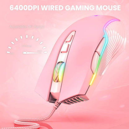 SIMGAL RGB Gaming Mouse - Wired USB Optical Mice, 6400 DPI, Ergonomic, 7 Programmable Buttons, Pink