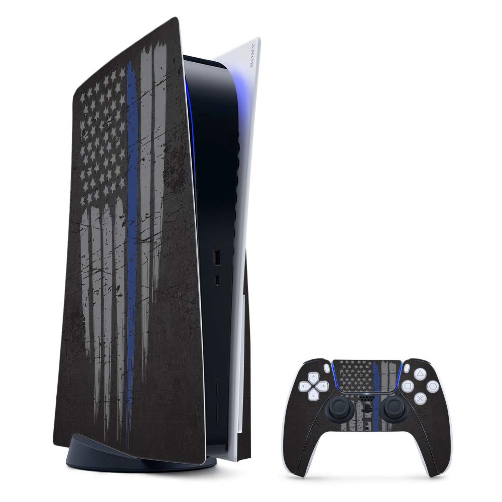 MightySkins Gaming Skin for PS5 / PlayStation 5 Bundle - Thin Blue Line | Protective Viny wrap | Easy to Apply and Change Style | Made in The USA