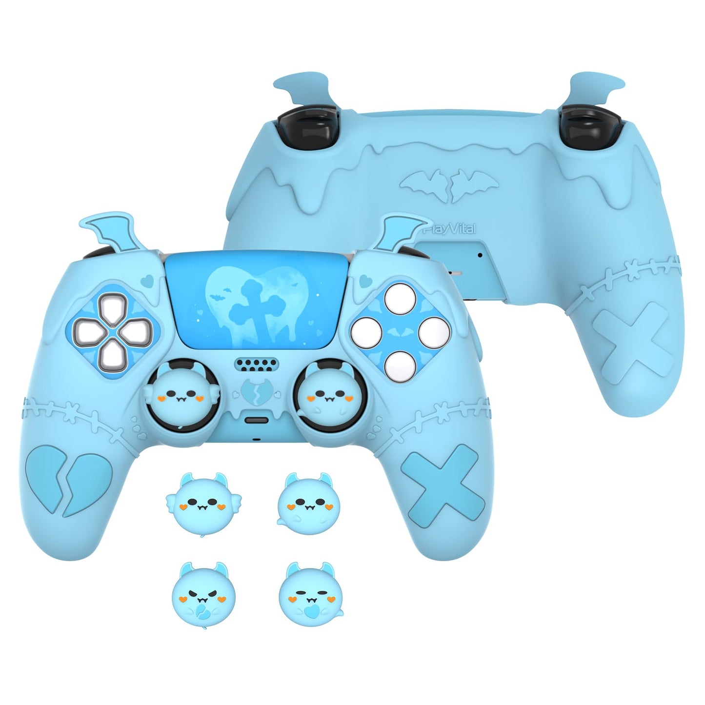 PlayVital Gothic Imp Series Cute Silicone Case for ps5 Controller with 4 Thumb Grips and 6 Stickers  Anti-Slip Silicone Skin Cover  Compatible with ps5 Charging Station  Aqua Blue