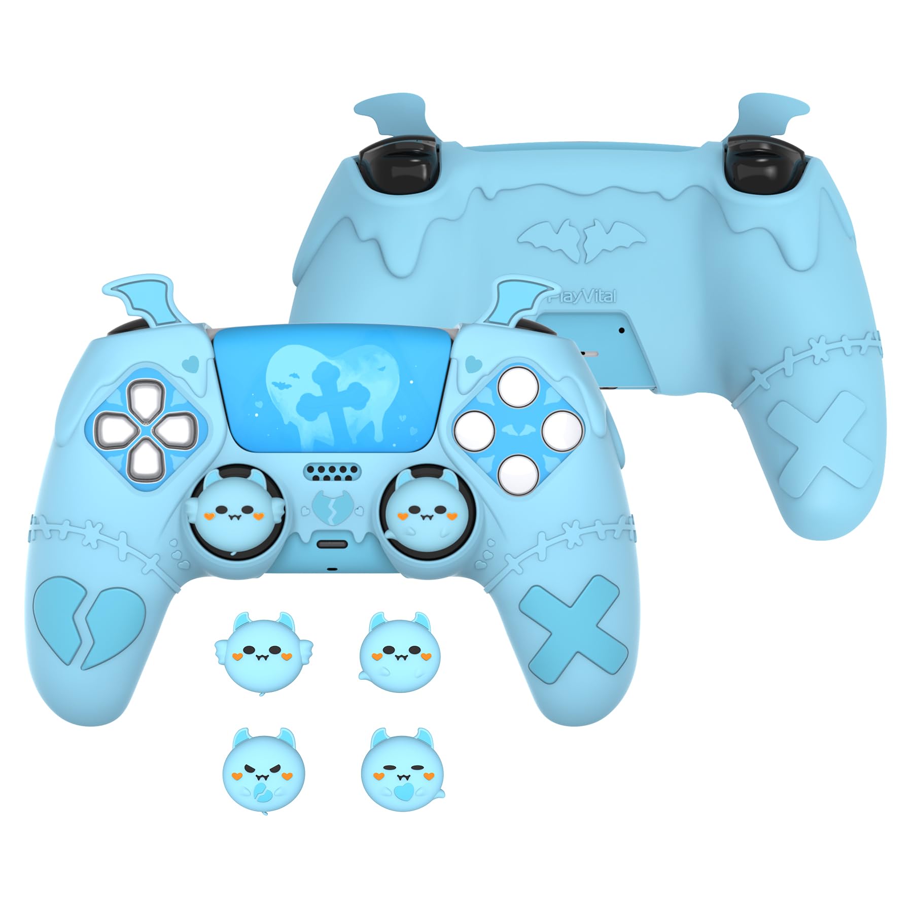 PlayVital Gothic Imp Series Cute Silicone Case for ps5 Controller with 4 Thumb Grips and 6 Stickers  Anti-Slip Silicone Skin Cover  Compatible with ps5 Charging Station  Aqua Blue