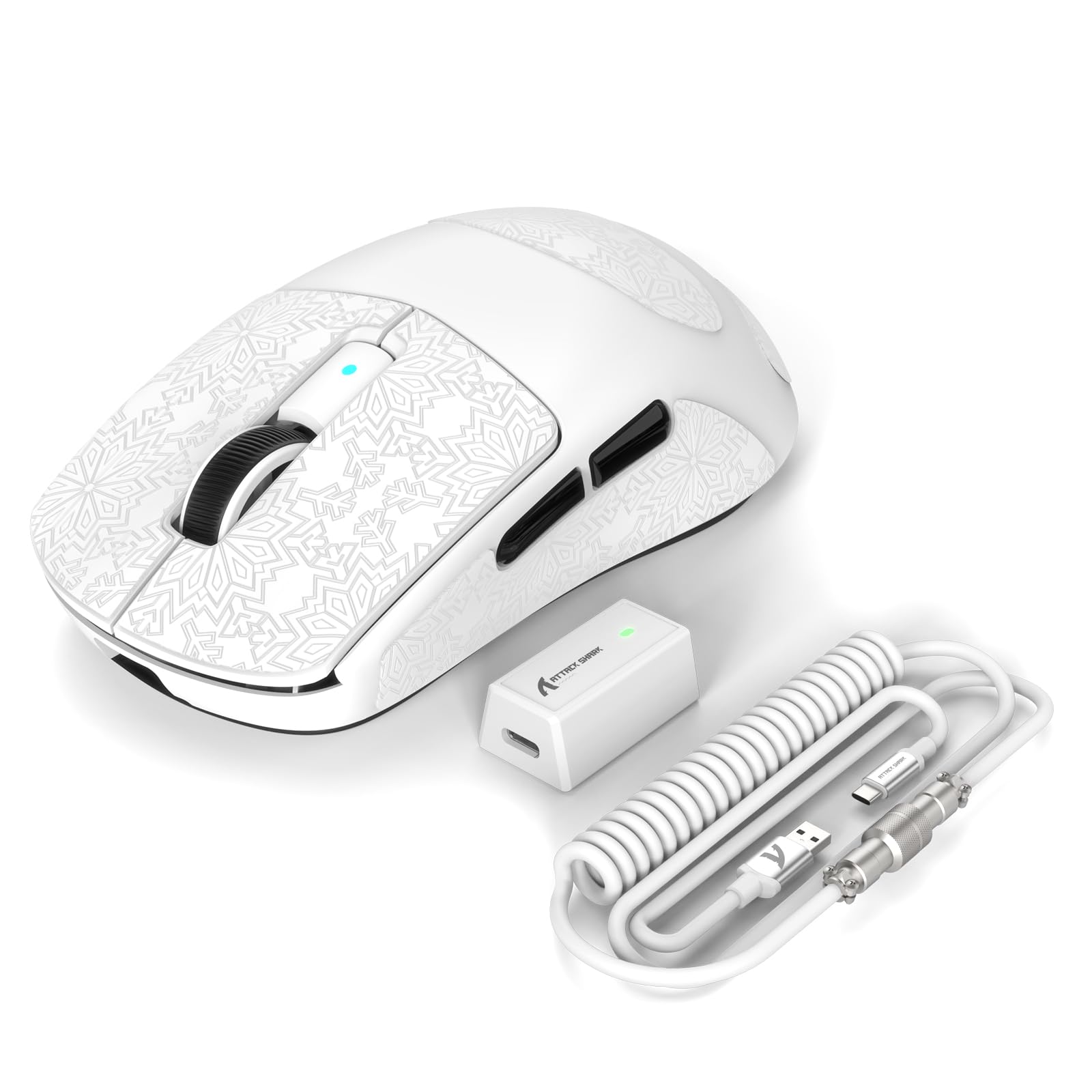 ATTACK SHARK R6 39g Superlight Wireless Gaming Mouse PixArt PAW3950MAX 42000 DPI MCU Nodic 52840 Computer Mouse 8K Polling Rate Web Driver BT/2.4Ghz/Wired Tri-Mode Mice with Coiled Cable-White&Tape