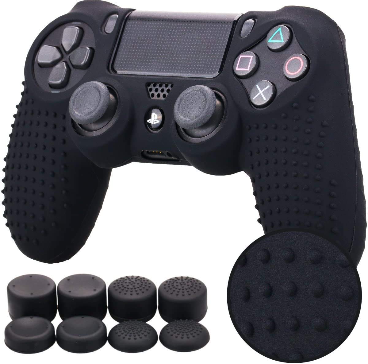 YoRHa Studded Silicone Cover Skin Case for Sony PS4/slim/Pro Dualshock 4 Controller x 1(Black) with Pro Thumb Grips x 8