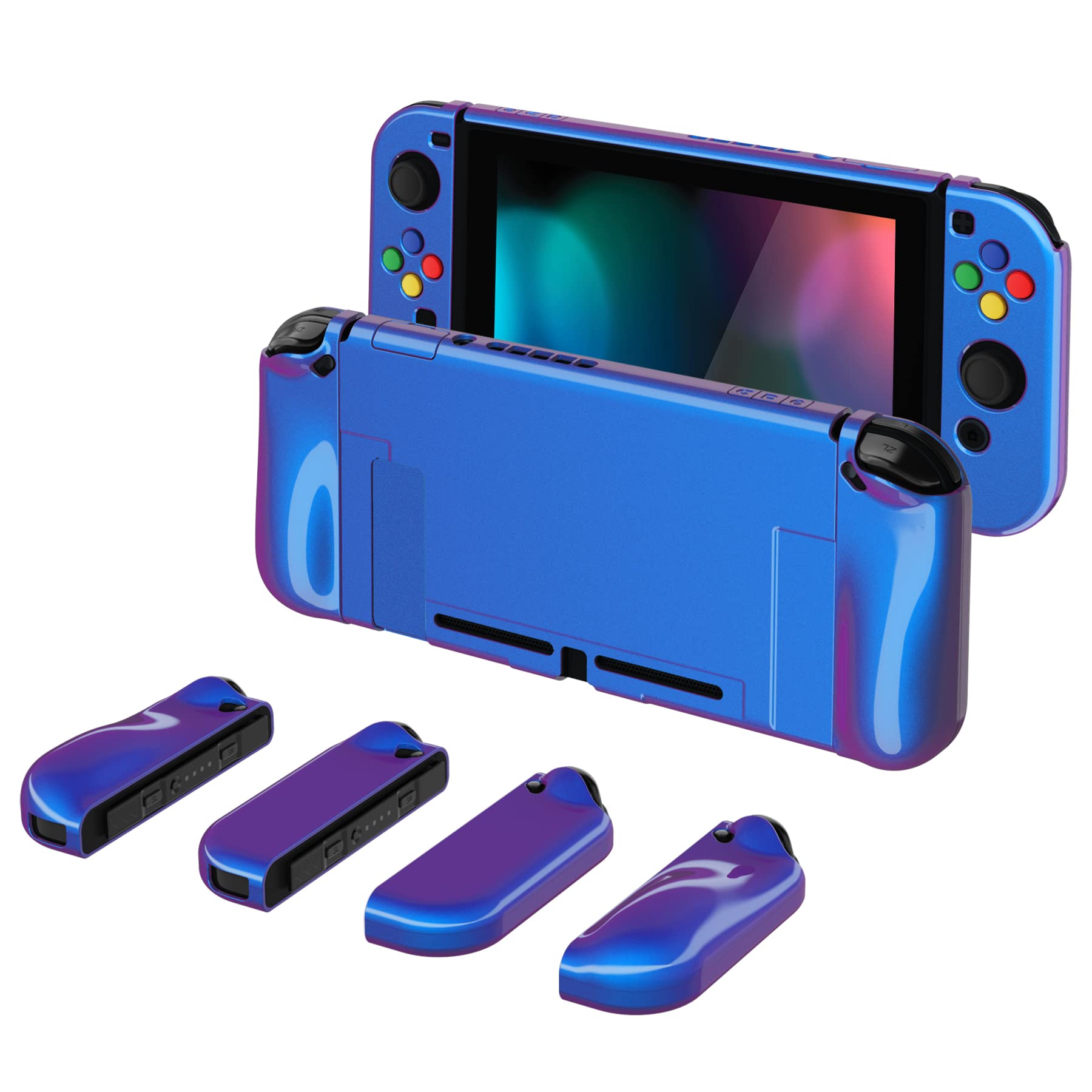 PlayVital AlterGrips Ergonomic Grips Cover for Nintendo Switch  [2 Design] Interchangeable Comfort Dockable Protective Case with Screen Protector & Thumb Grip Buttons Caps - Chameleon Purple Blue