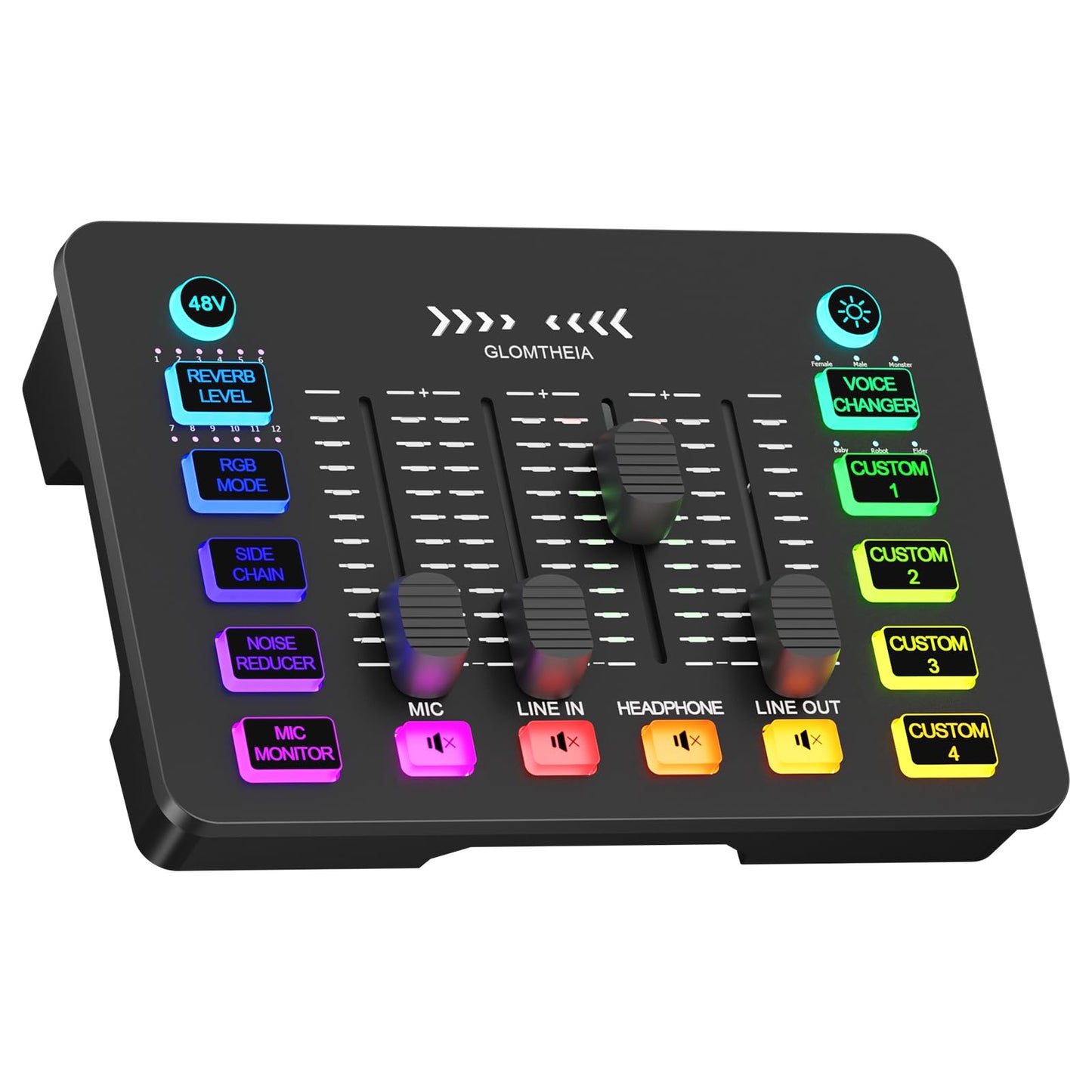 Glomtheia Gaming Sound Board Audio Interface Voice Changer for PC PS4 PS5 Streaming Mixer Soundboard Compatible with XLR Condens