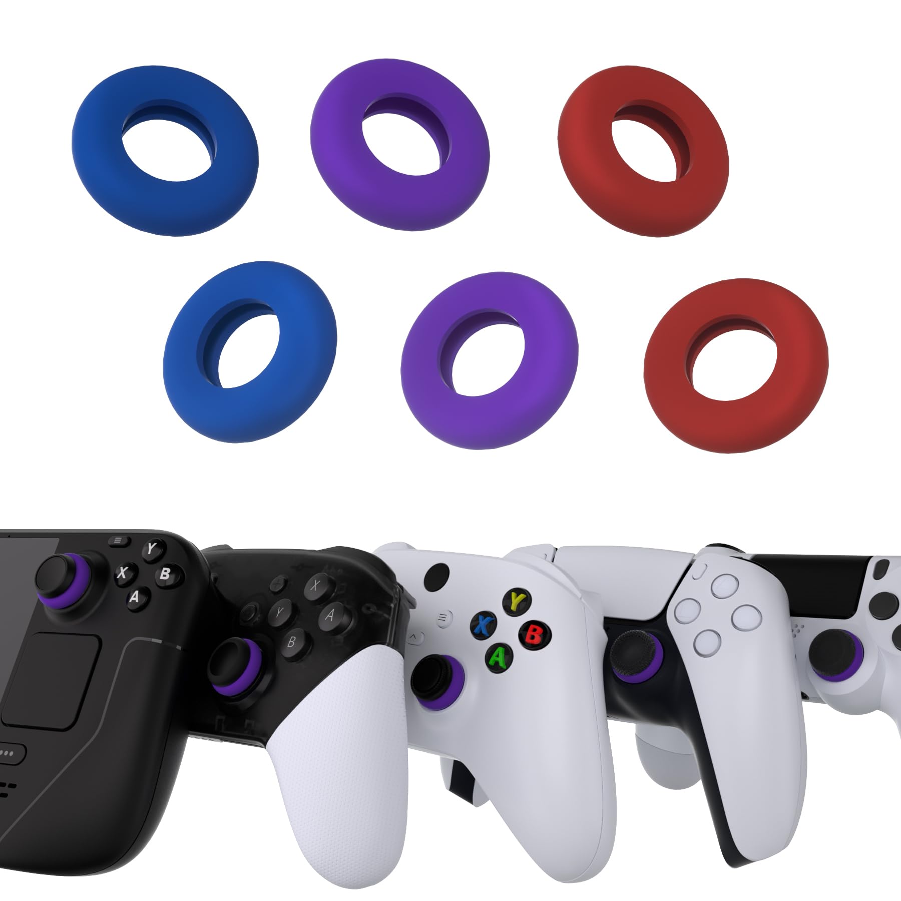 PlayVital 6 Pack Silicone Precision Rings for PS5  for PS4  for Xbox Series X/S  Xbox One  Xbox 360  for Switch 2 Pro  for Steam Deck - 3 Different Strengths  Aim Assist Target Motion Control Rings