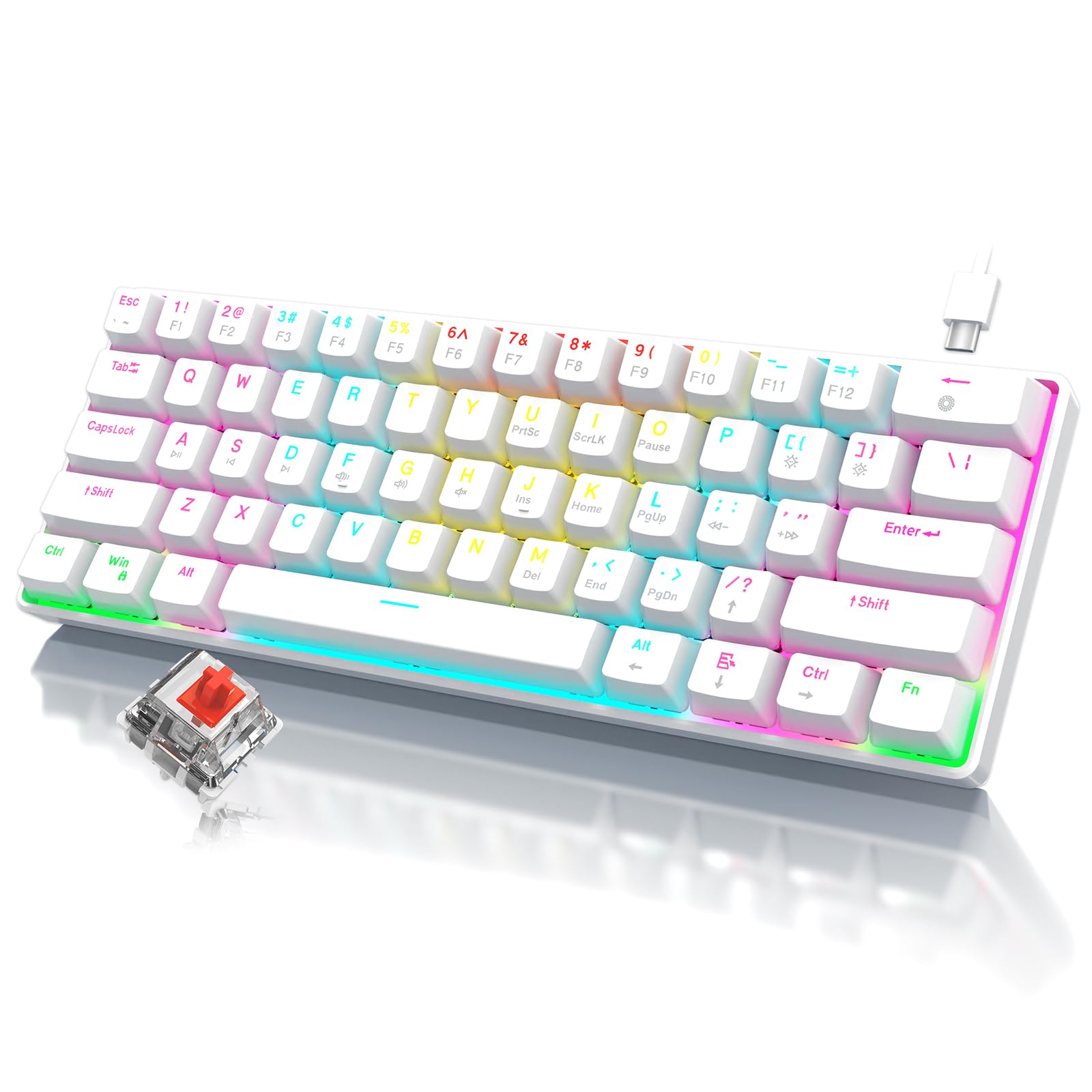 RAZEAK Portable 60% Mini Mechanical Keyboard - 61 Keys, Red Switch, Colorful Backlit, White - Model X44-WT-RS