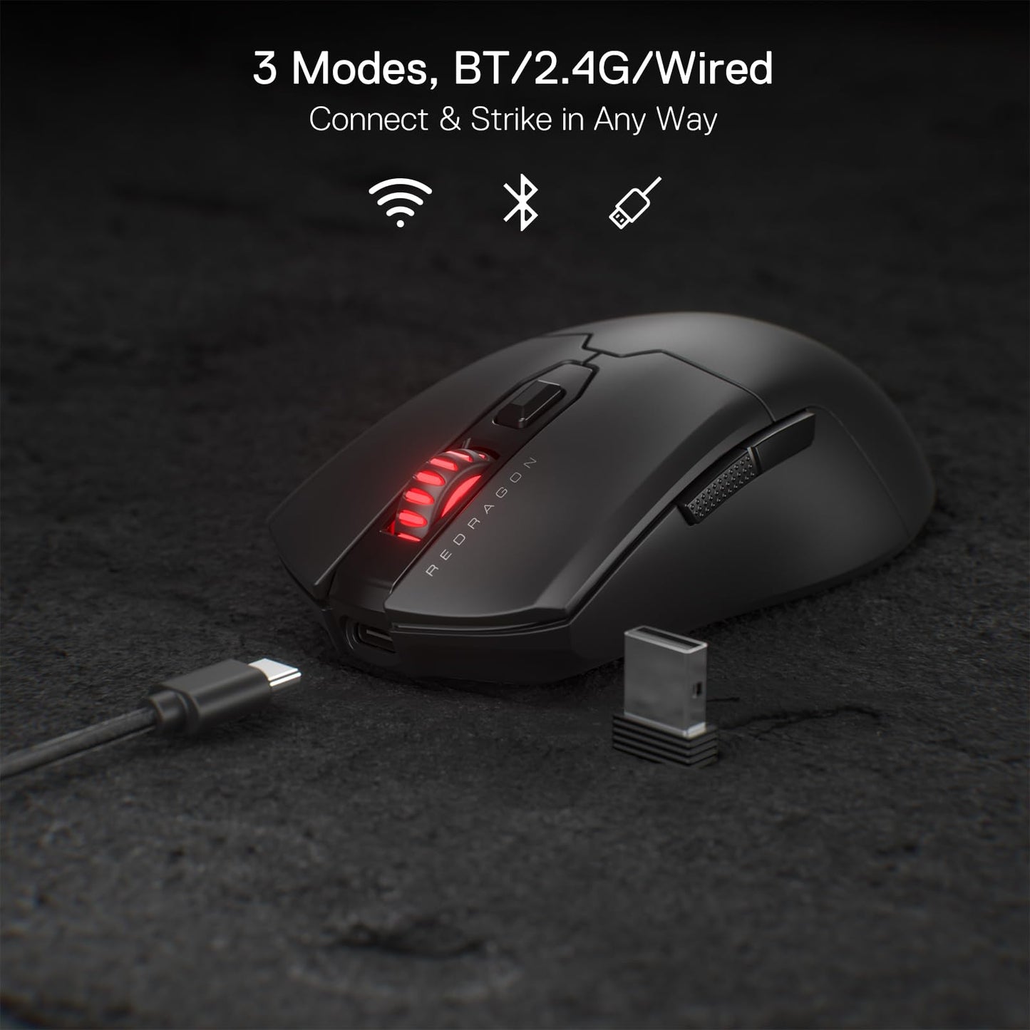 Redragon M995 Pro Wireless Gaming Mouse - 26000 DPI, Ergonomic, 6 Macro Buttons, 51G Lightweight, Black