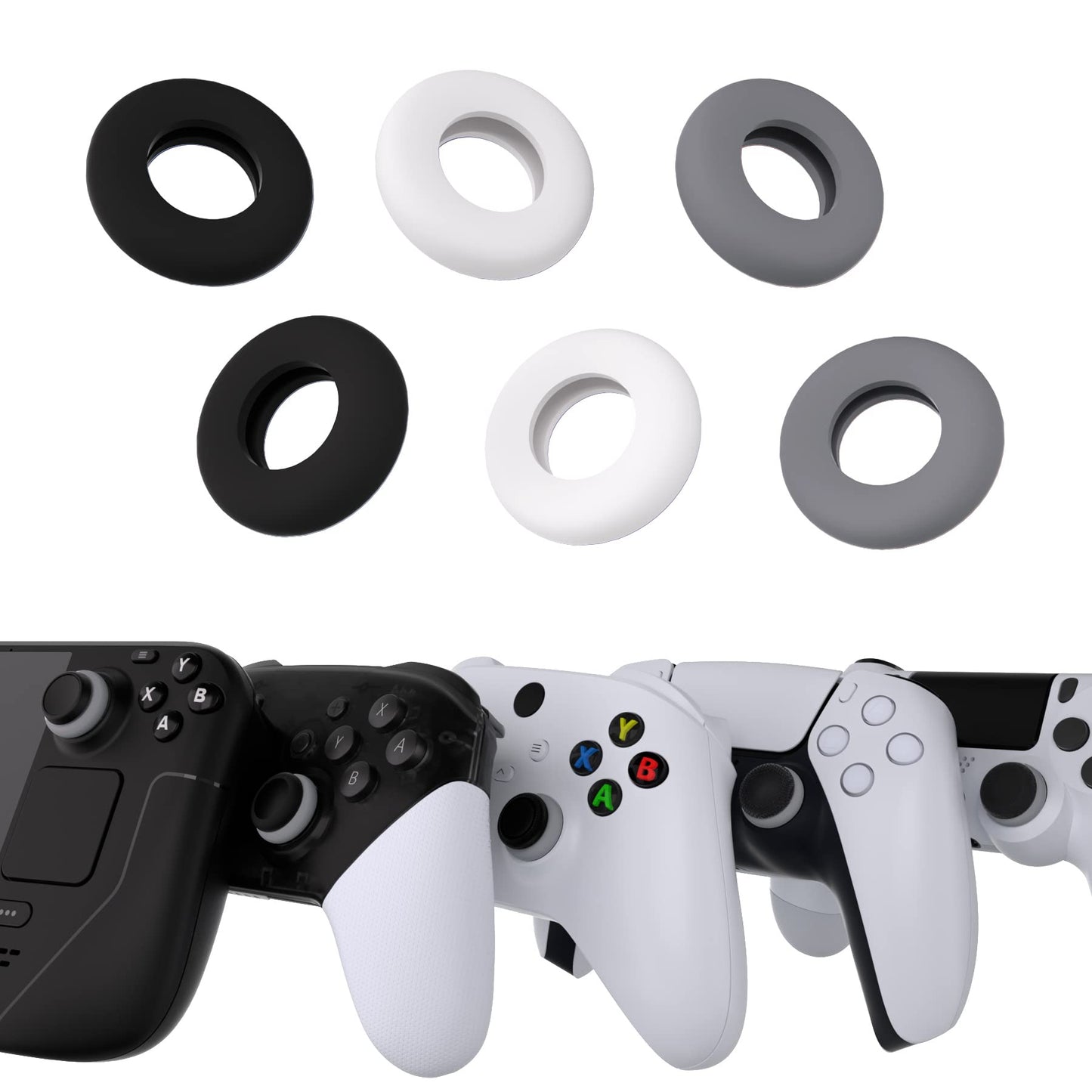 PlayVital 3 Pairs Silicone Aim Assist Target Motion Control Precision Rings for PS5  for PS4  for Xbox Series X/S  Xbox One  Xbox 360  for Switch Pro  for Steam Deck - Gray & Black & White