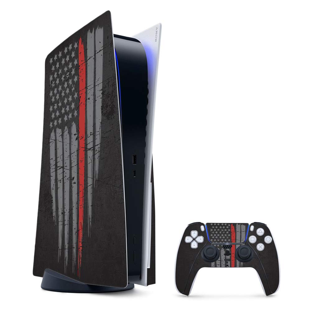 MightySkins Gaming Skin for PS5 / PlayStation 5 Bundle - Thin Red Line | Protective Viny wrap | Easy to Apply and Change Style | Made in The USA