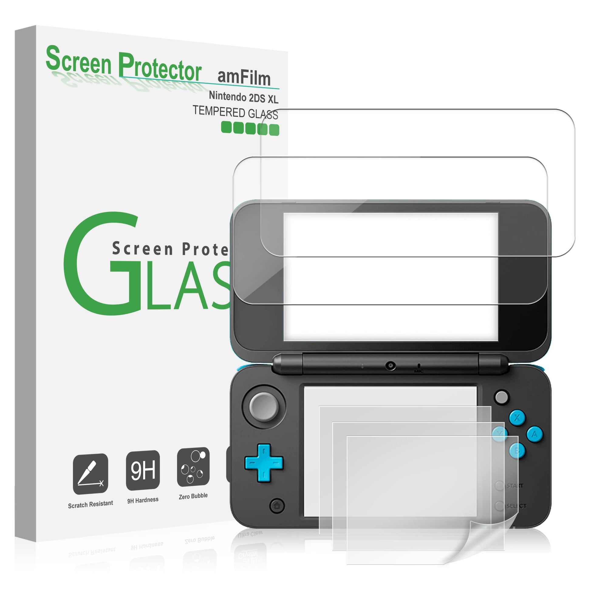 amFilm Nintendo 2DS XL Screen Protector Pack  [2 GLASS Top  4 PET Bottom] Screen Protectors for New Nintendo 2DS XL 2017 (6 Protectors in Package)