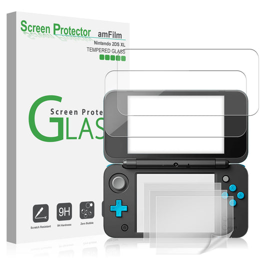 amFilm Nintendo 2DS XL Screen Protector Pack  [2 GLASS Top  4 PET Bottom] Screen Protectors for New Nintendo 2DS XL 2017 (6 Protectors in Package)