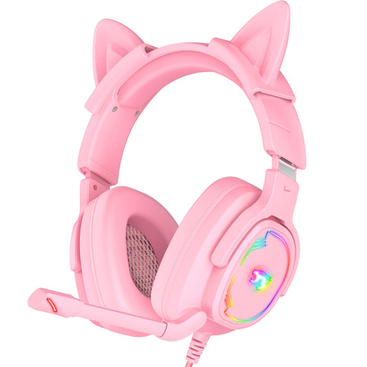 Jimonyer Gaming Headset - Stereo Surround Sound, Noise Canceling Mic, RGB Light, 3.5mm Jack, PinkCat, Model A82