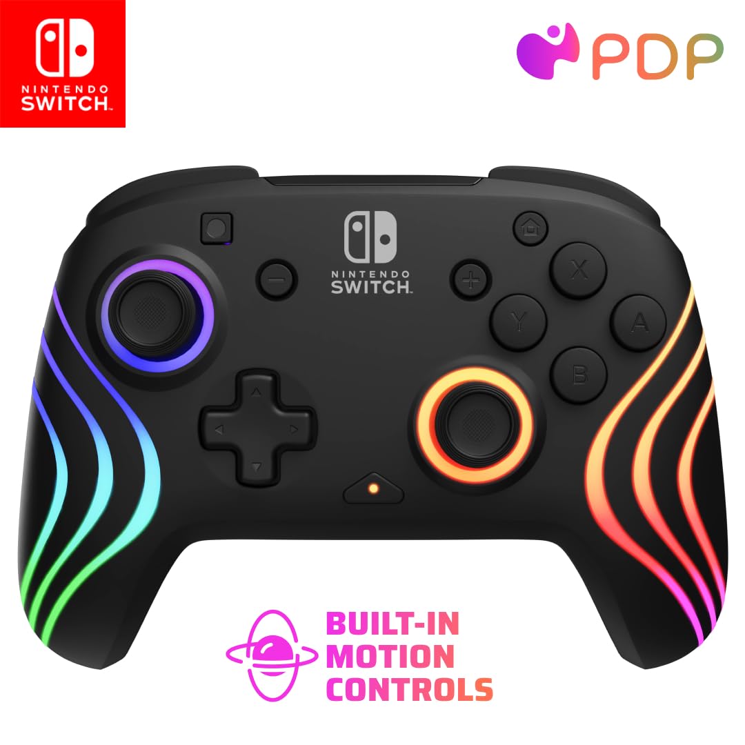 PDP Afterglow Wave Wireless Nintendo Switch Pro Controller with Motion Controls  Fully Licensed for Switch/OLED  Customizable LED Lighting  30 Foot Range  20 Hour Rechargeable Battery Power: Black