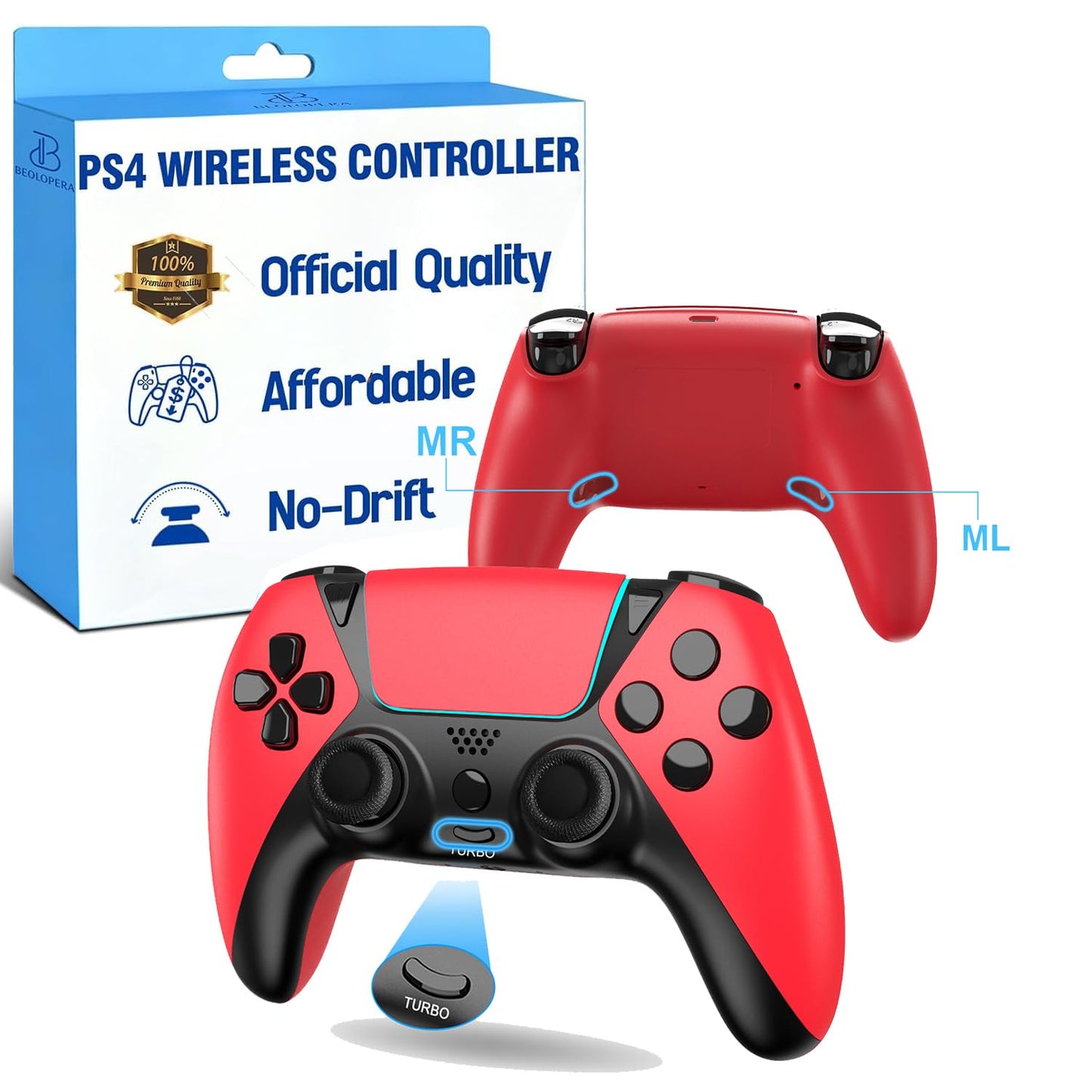 BELOPERA Control for PS4 Controller Wireless Remote for Playstation 4 Controller No Drift ALPS Joystick Cheap Custom for PS4 Slim Pro PC Dual Vibration Gamepad with Back Paddles Turbo Blue