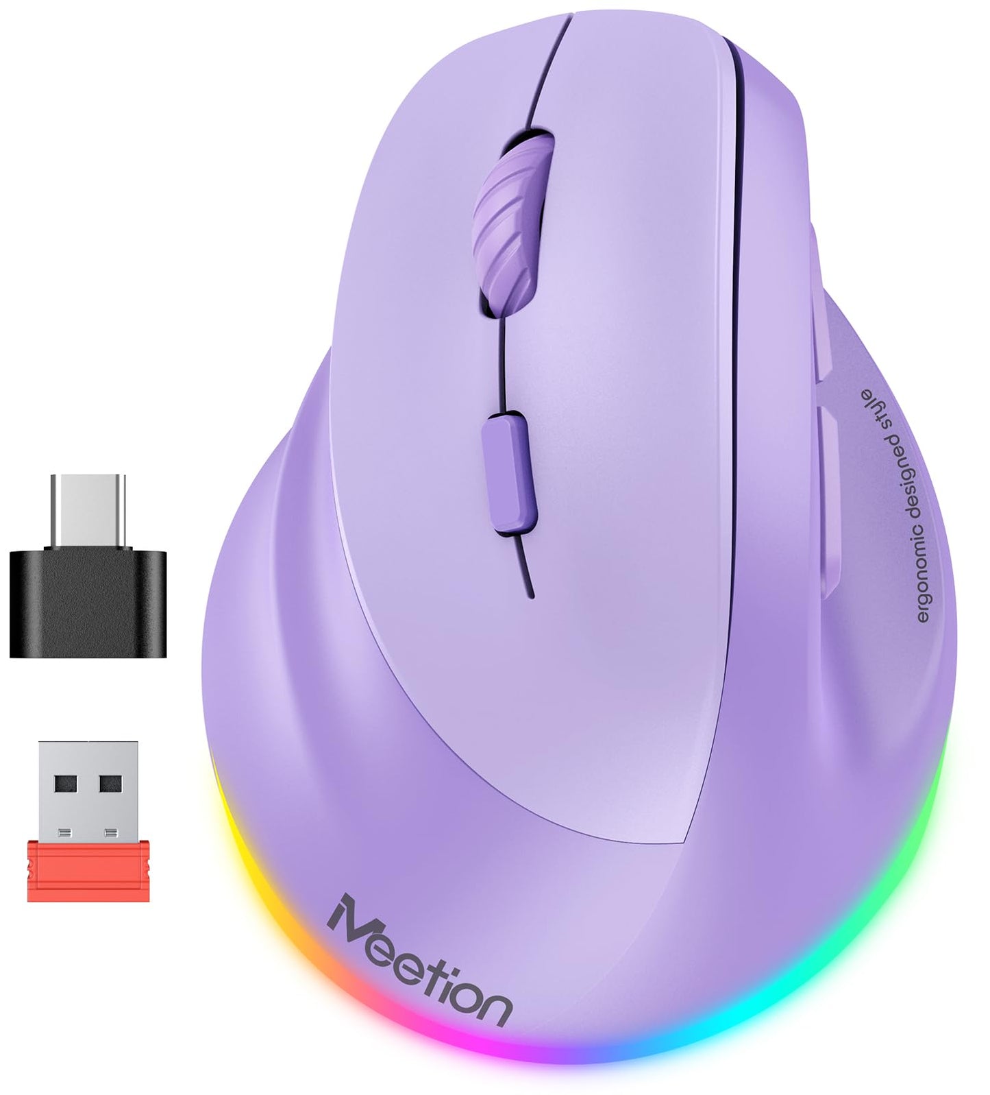 MEETION Left-Handed Mouse  Ergonomic Mouse Wireless Vertical Mouse  RGB Rechargeable Mice for Bluetooth(5.2 + 3.0) & USB-A with Type-c Adapter 4 Adjustable DPI for Mac/Windows/PC/Tablet/iPad Purple