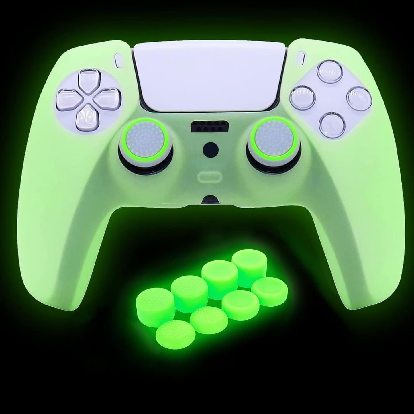 HLRAO PS5 Controller Skin - Silicone Grip Case with 8 Thumb Grips & L2/R2 Caps - Glow Green - Protective Accessory for Dualshock 5