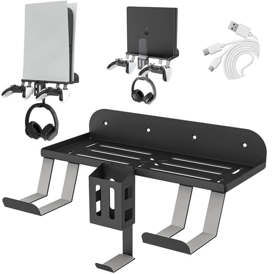TOPAD PS5 Wall Mount Kit - 6-in-1 Charging Stand for PS5 (Disc & Digital) - Black with Accessories and Non-Slip Mat
