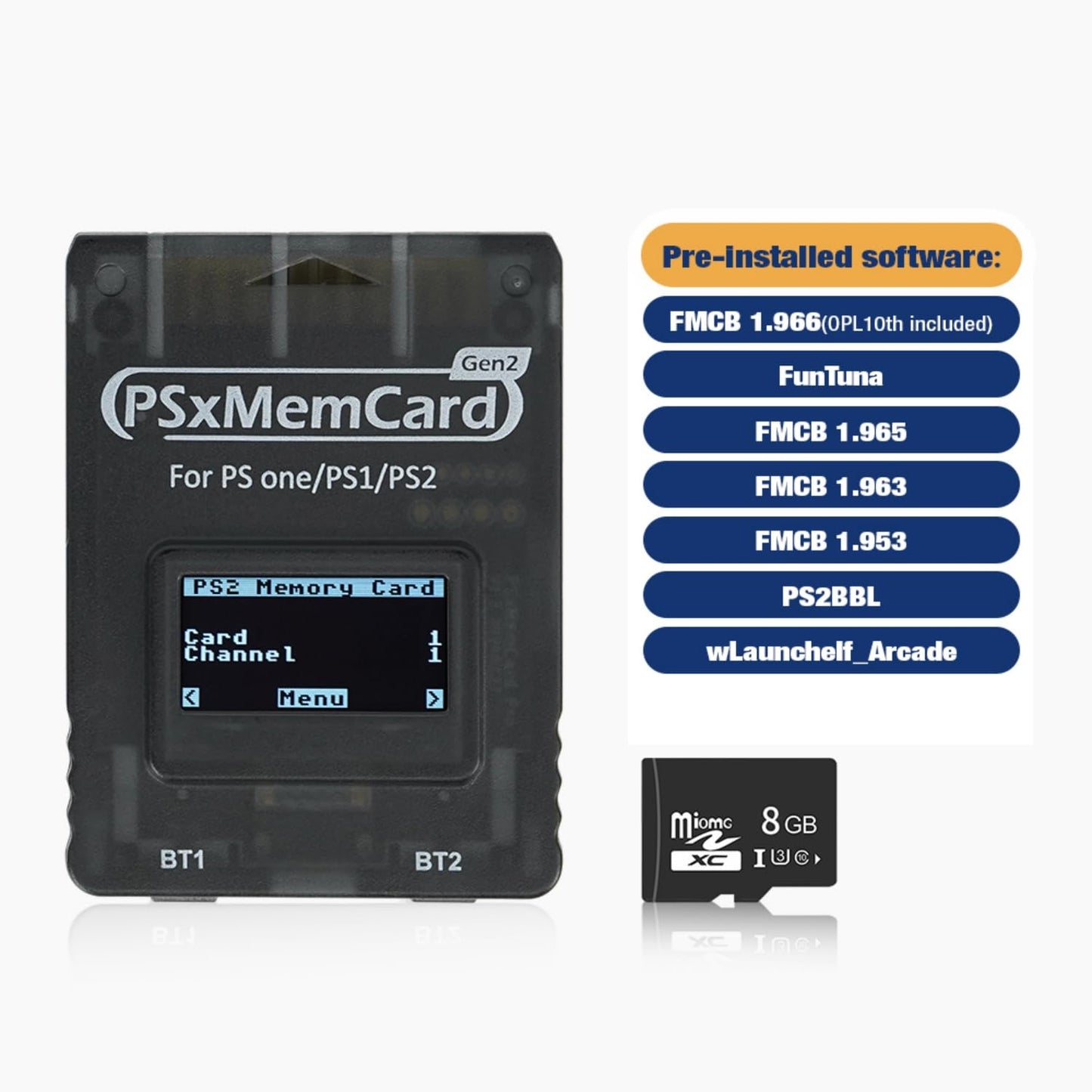 BITFUNX PSxMemCard Gen2 Memory Card - 8GB MicroSD, Unlimited Storage, Firmware Upgrade, High Speed, Grey for PS2/PS1/PS One Console