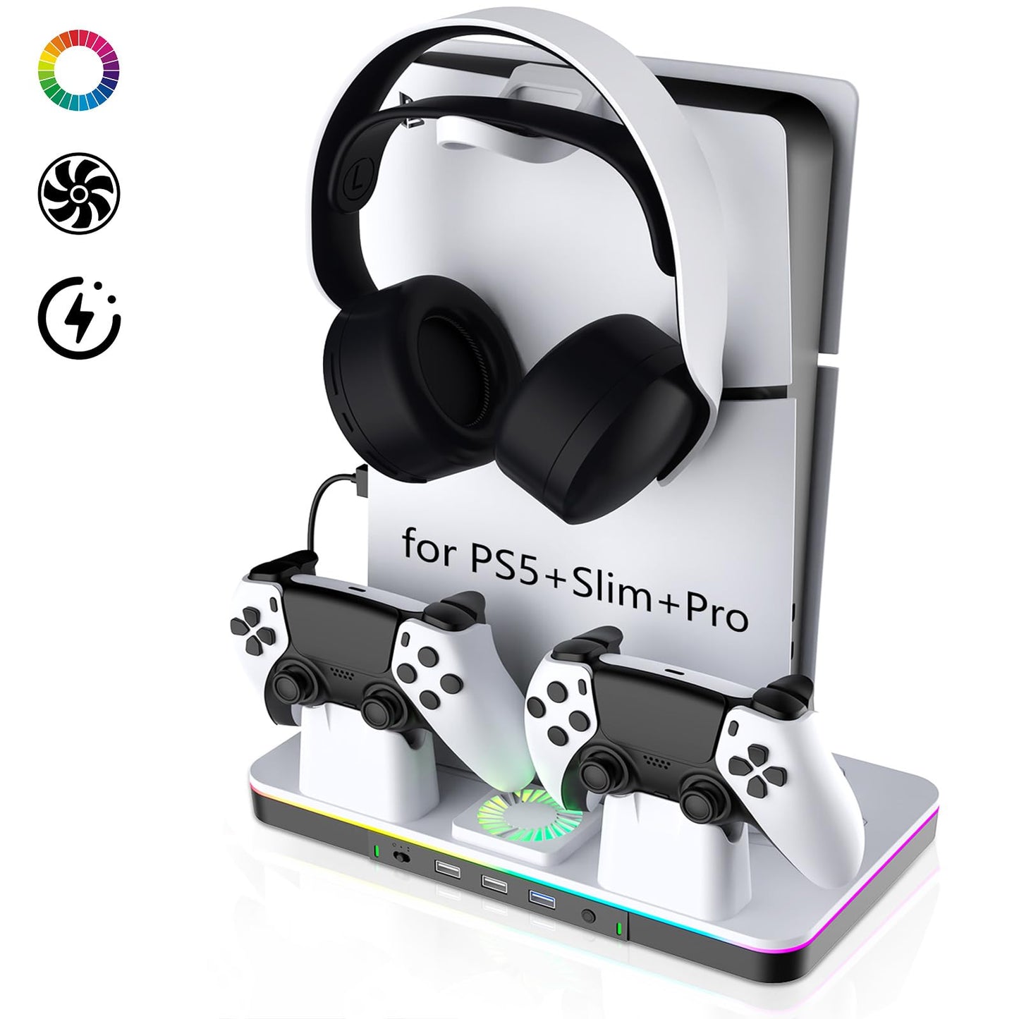 PS5/Pro/Slim Stand and Cooling Station with Dual Controller Charger for Playsation 5 Disc&Digital Consoles  RGB Light  Cooling Fan  Headset Holder PS5 Accessories 3 USB Hub(1x3.0 & 2x2.0)
