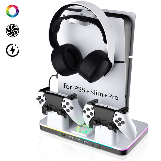 PS5/Pro/Slim Stand and Cooling Station with Dual Controller Charger for Playsation 5 Disc&Digital Consoles  RGB Light  Cooling Fan  Headset Holder PS5 Accessories 3 USB Hub(1x3.0 & 2x2.0)