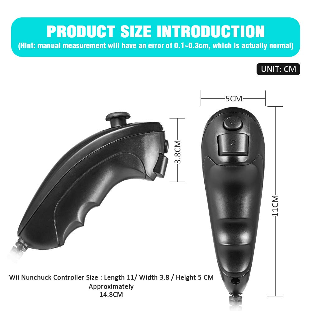 KIWITATA Wii Nunchuck Controllers - 2 Pack Wired Joystick Gamepad for Wii/Wii U - Black