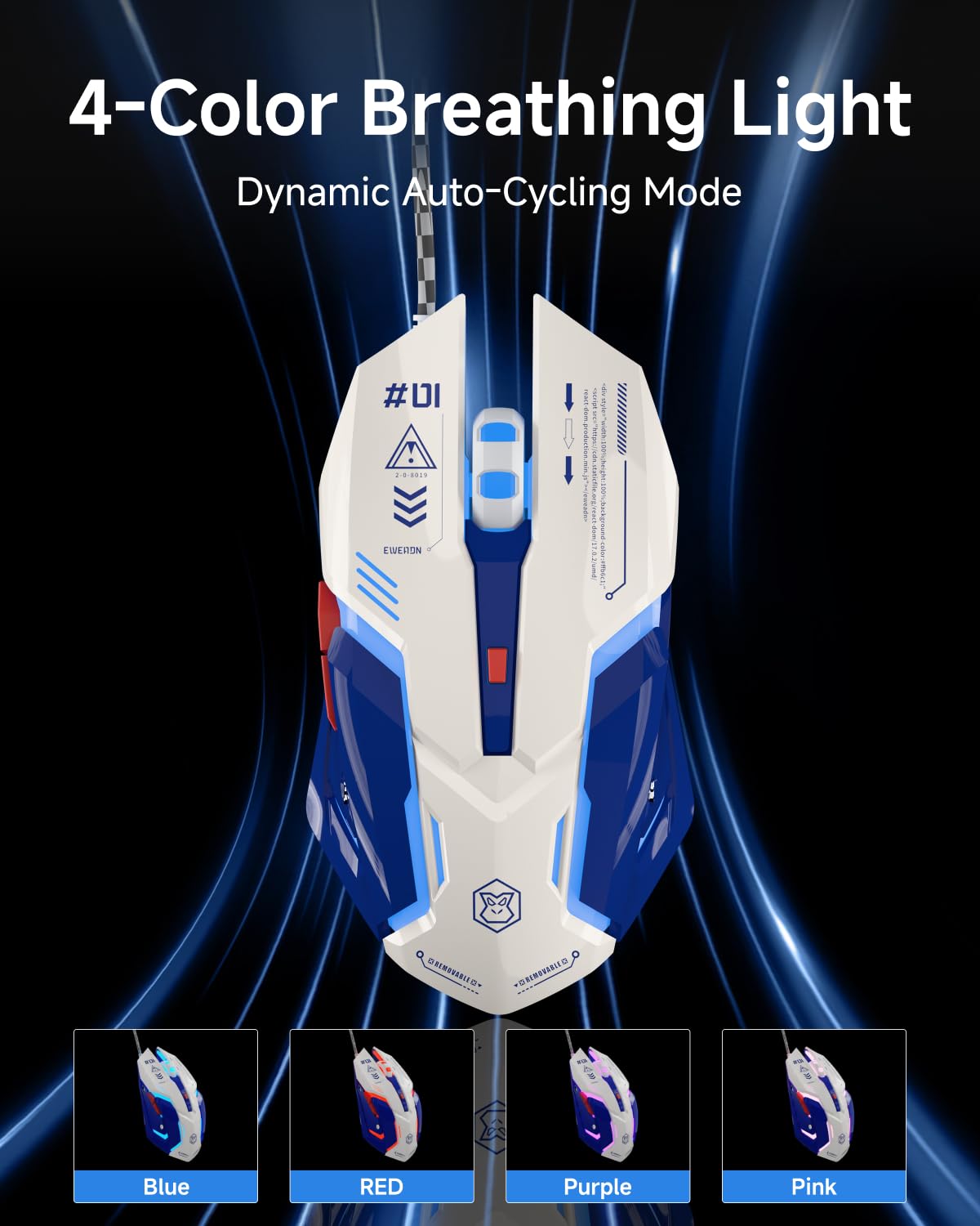 SEUNKWANG G10 Wired Gaming Mouse with RGB Backlight, 3200 DPI, Ergonomic Design, White-Blue
