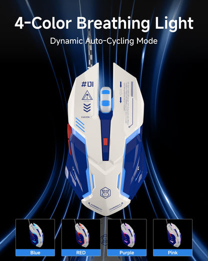 SEUNKWANG G10 Wired Gaming Mouse with RGB Backlight, 3200 DPI, Ergonomic Design, White-Blue