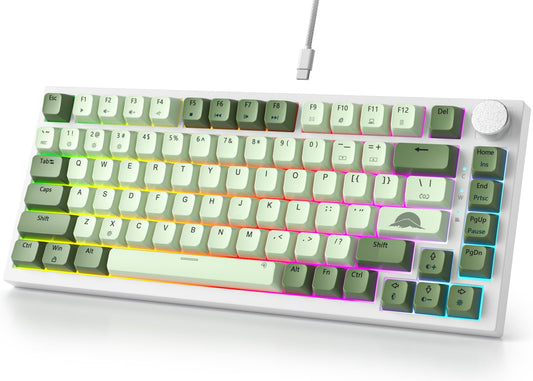 Fogruaden Wired 75% Mechanical Gaming Keyboard 75 Percent Matcha Keyboard Hot Swappable Gasket Mount  Red Switch  RGB Backlit 82 Keys TKL Mechanical Keyboard  NKRO Compact Keyboard with Knob