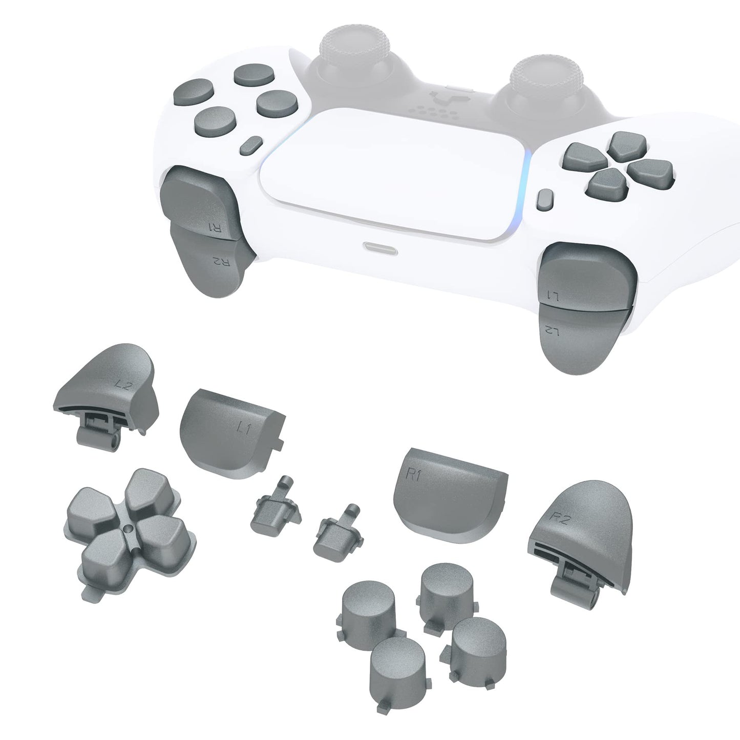 eXtremeRate Replacement D-pad R1 L1 R2 L2 Triggers Share Options Face Buttons  Metallic Steel Gray Full Set Buttons Compatible with ps5 Controller BDM-010 & BDM-020