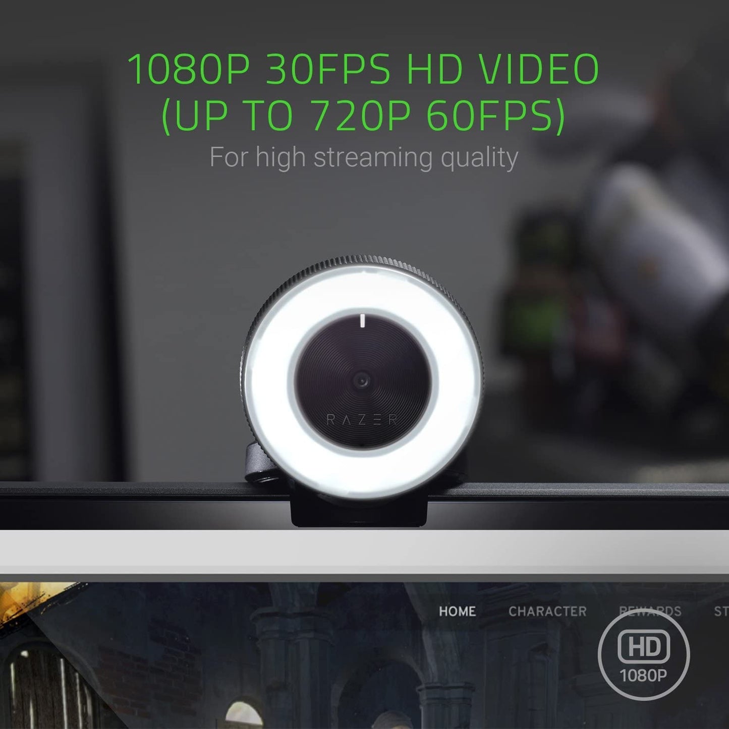 Razer Kiyo 1080p Webcam with Adjustable Brightness Ring Light, Built-in Microphone, Advanced Autofocus - Black, Model RZ19-02320100-R3M1