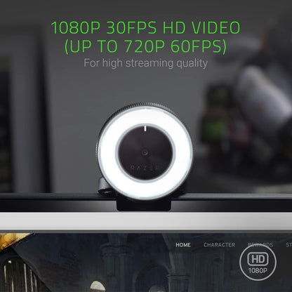 Razer Kiyo 1080p Webcam with Adjustable Brightness Ring Light, Built-in Microphone, Advanced Autofocus - Black, Model RZ19-02320100-R3M1