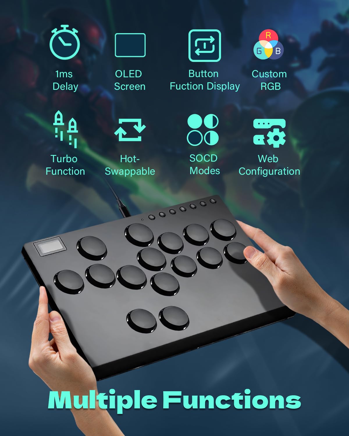 JZW-Shop Arcade Stick M16 - All-Button Controller for Switch, PC, PS4, PS3, Steam Deck - Turbo & Custom RGB, Supports Hot-Swap