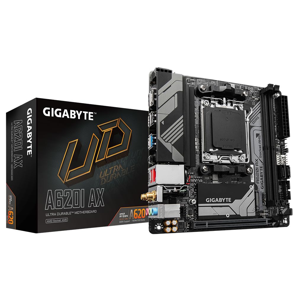 Gigabyte A620I AX Motherboard - Supports AMD Ryzen 8000 CPUs, 5+2+1 Phases Digital VRM, up to 6400MHz DDR5 (OC), 1xPCIe 4.0 M.2,