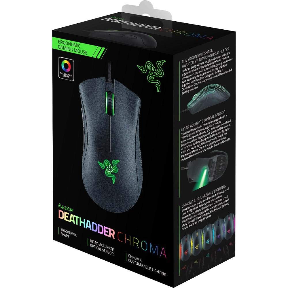 Razer DeathAdder Chroma Gaming Mouse - 10,000 DPI, Ergonomic Design, Black, Model RZ01-01210100-R3U1