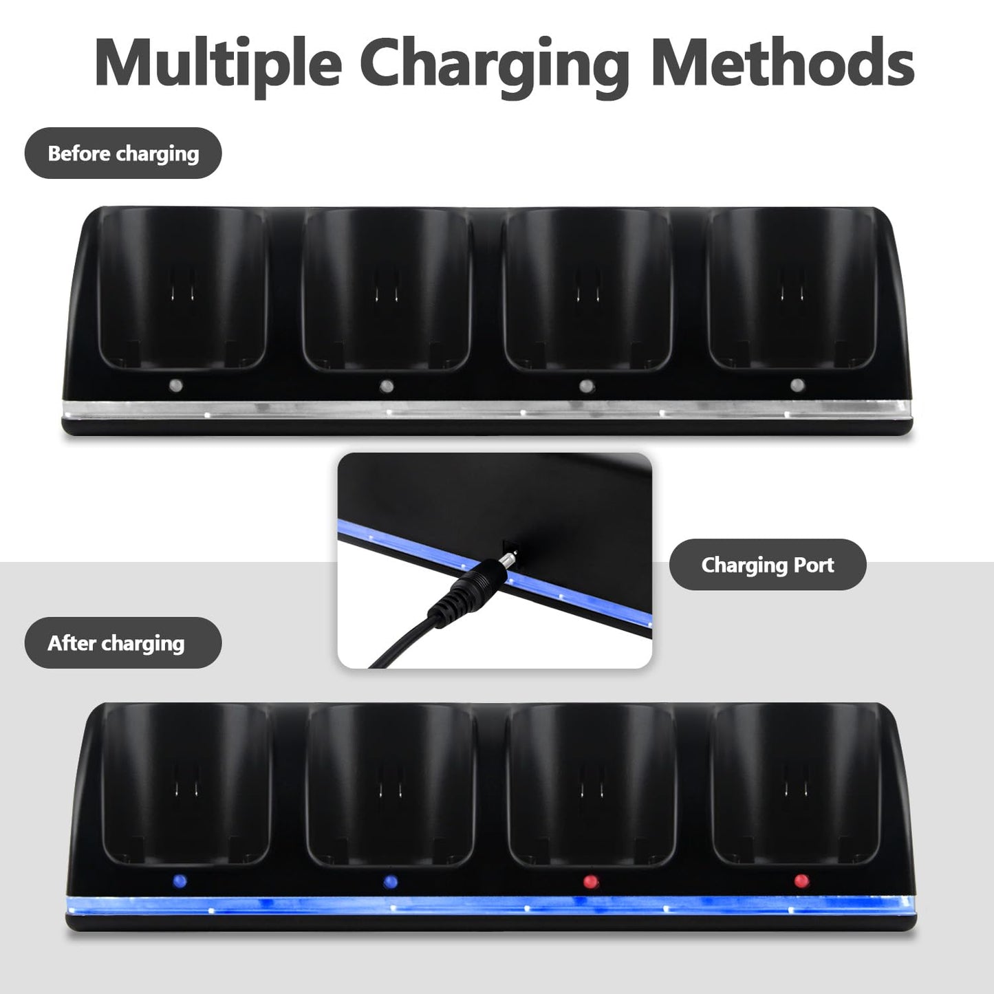 XiQiDianr 4-in-1 Charger Station for Wii & Wii U - Includes 4 Rechargeable 2800mAh Batteries, USB Cable, Black