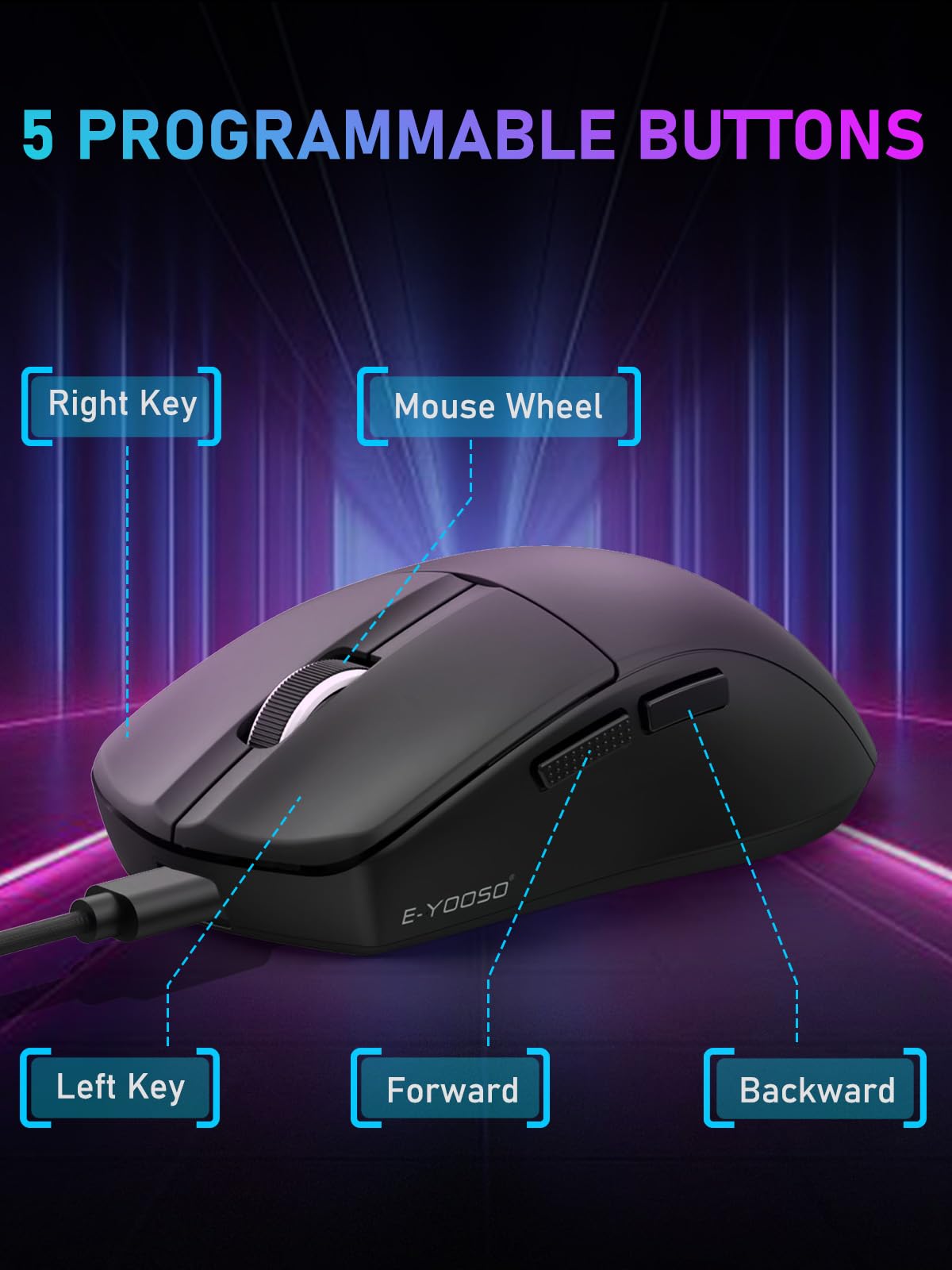 E-YOOSO Wireless Gaming Mouse - Tri-Mode, 4000 DPI, 5 Programmable Buttons, Ultra-Thin Ergonomic Design, Black, Model X-44