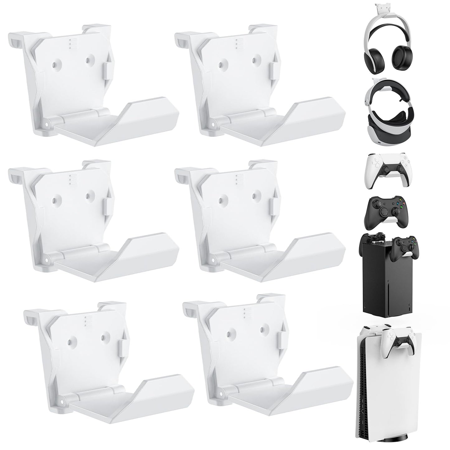 KUNSLUCK 6 Pack Controller Wall Mount for PS5  Xbox  Switch Controller  Wall Mount Stand for Controller&Headset  Adhesive/Screws Installation (White)