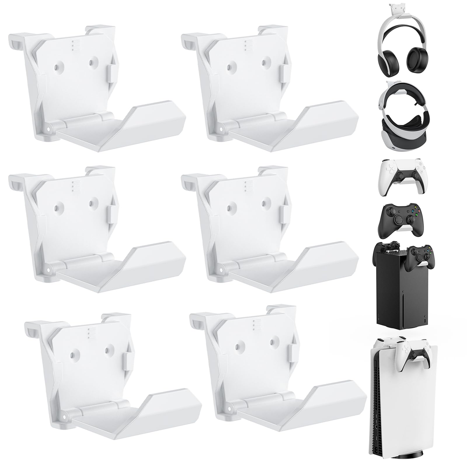KUNSLUCK 6 Pack Controller Wall Mount for PS5  Xbox  Switch Controller  Wall Mount Stand for Controller&Headset  Adhesive/Screws Installation (White)