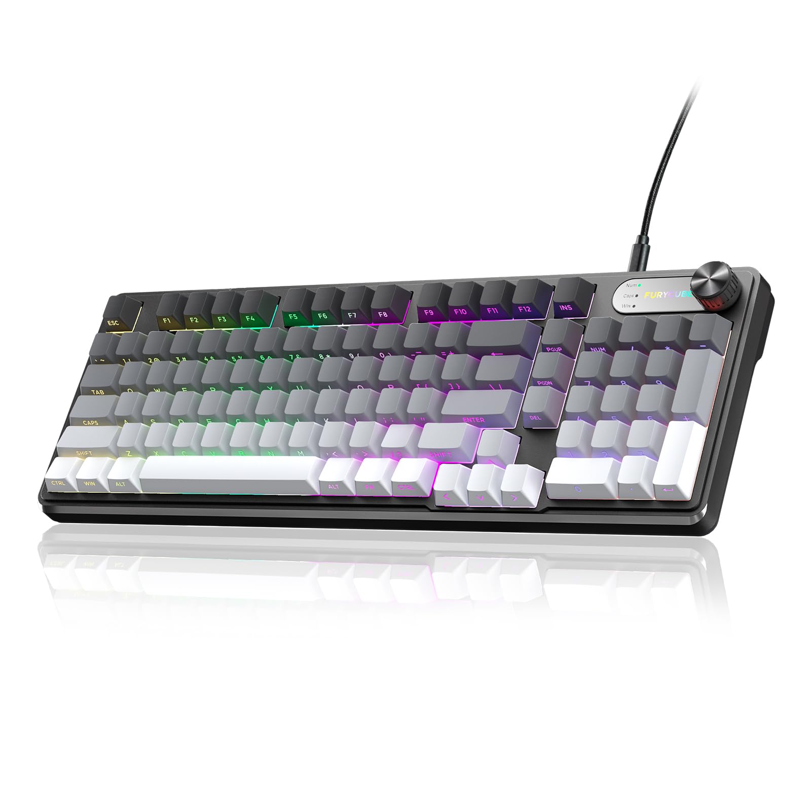 FURYCUBE IP98 Gaming Keyboard - Wired Keyboard with RGB Backlighting  IPX8 Water Resistance  and Side Printed PBT Translucent Keycaps  Suitable for Gaming or Work (Gray-White)