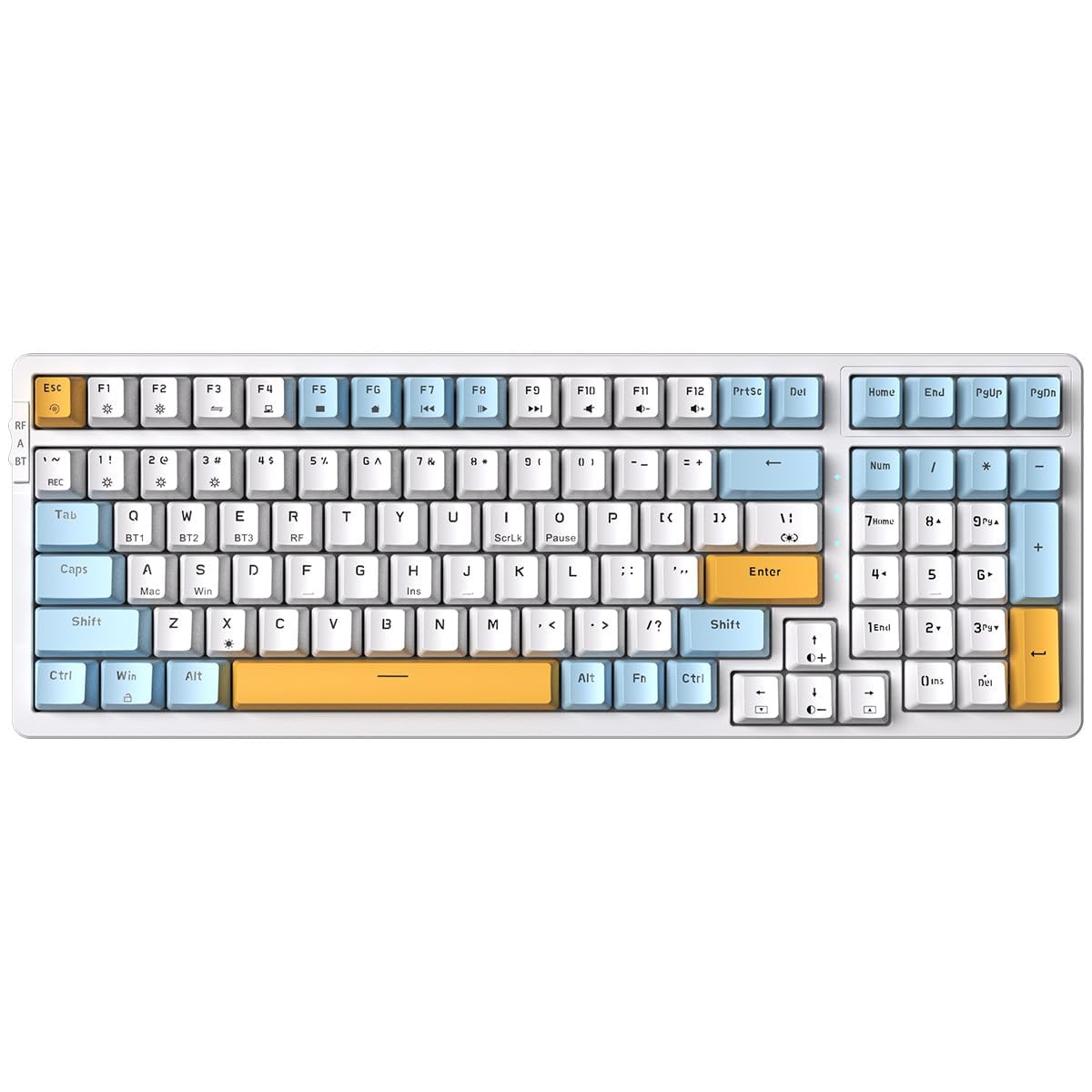 Qisan Wireless/Wired Mechanical Gaming Keyboard  Triple Mode 2.4G/USB-C/BT (98%)Wireless Mechanical Keyboard with US Layout | Brown Switch Rechargeable RGB Backlit Keyboards for Gaming  White & Yellow