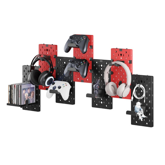 PEGZONE Controller and Headphone Holder Wall Mount  Modular Gaming Pegboard with Accessories  Controller Stand for Xbox PS5 PS4 Switch  Video Game Storage  Disc Shelf  7pcs Pegboard  Black & Red
