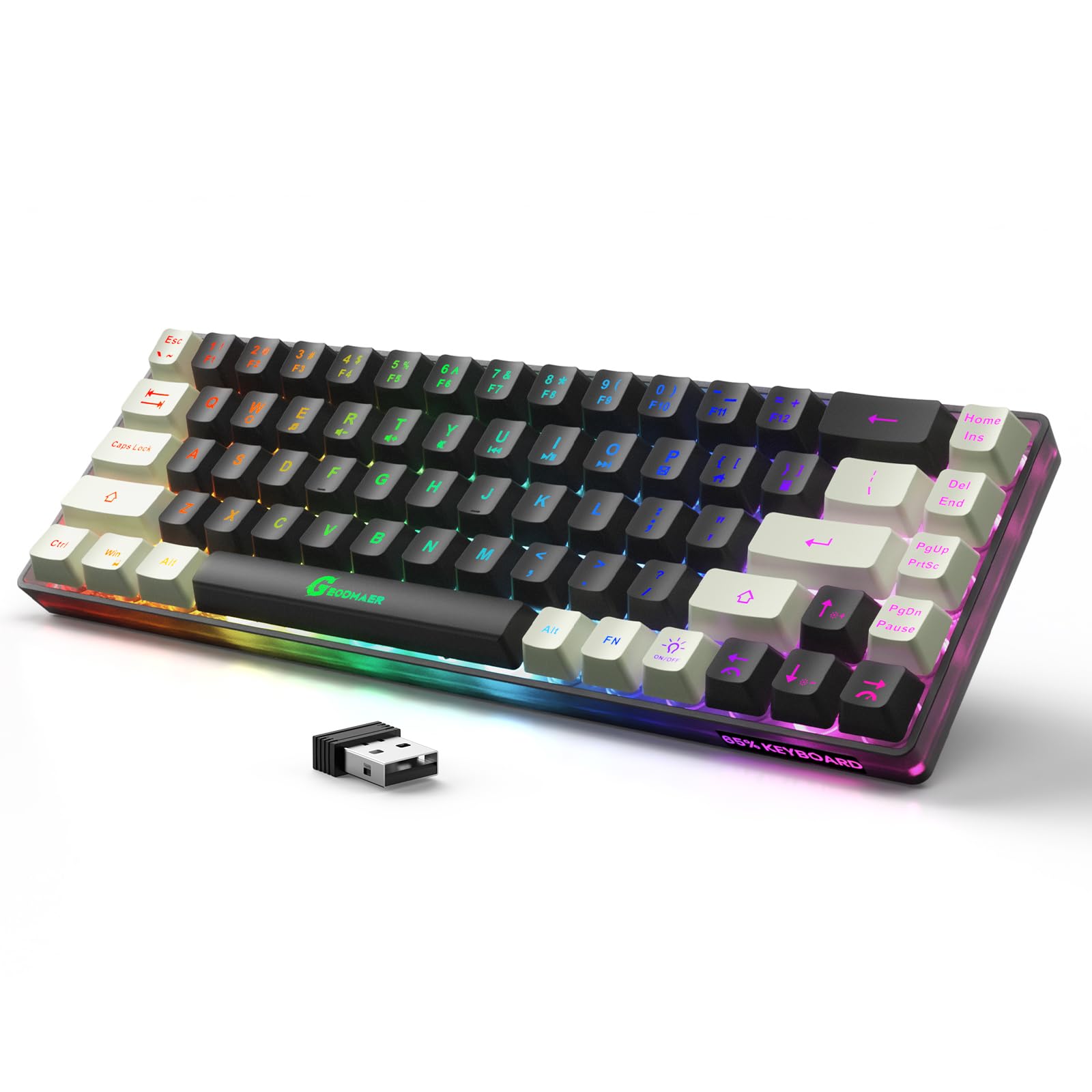GEODMAER 65% Wireless Gaming Keyboard: LED Backlit  68 Keys  Ultra-Compact  Anti-ghosting  No-Conflict Wireless Keyboard for PC Laptop Windows Gamer(Black-White)