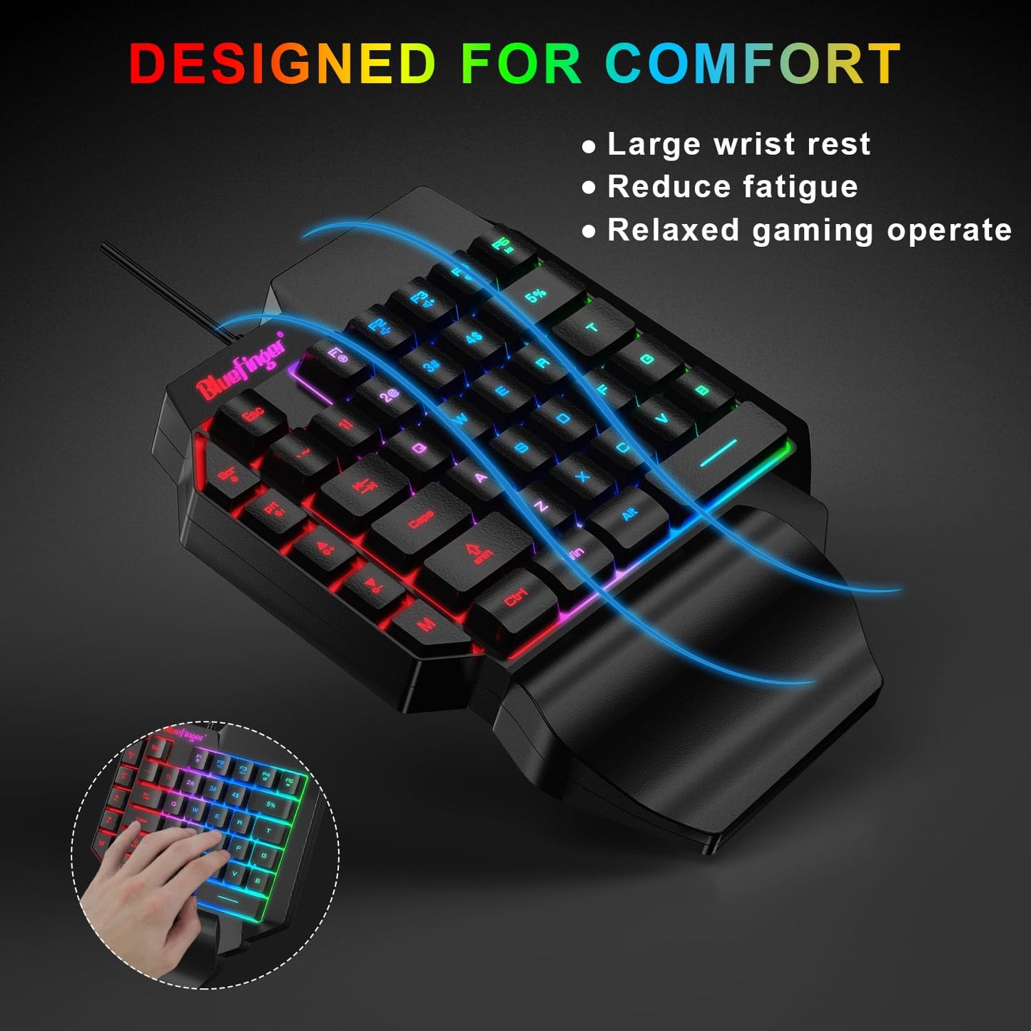 BlueFinger One Hand RGB Gaming Keyboard - USB Wired, Backlit, Ergonomic Design with Wrist Rest, Rainbow Letters Glow