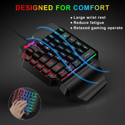 BlueFinger One Hand RGB Gaming Keyboard - USB Wired, Backlit, Ergonomic Design with Wrist Rest, Rainbow Letters Glow