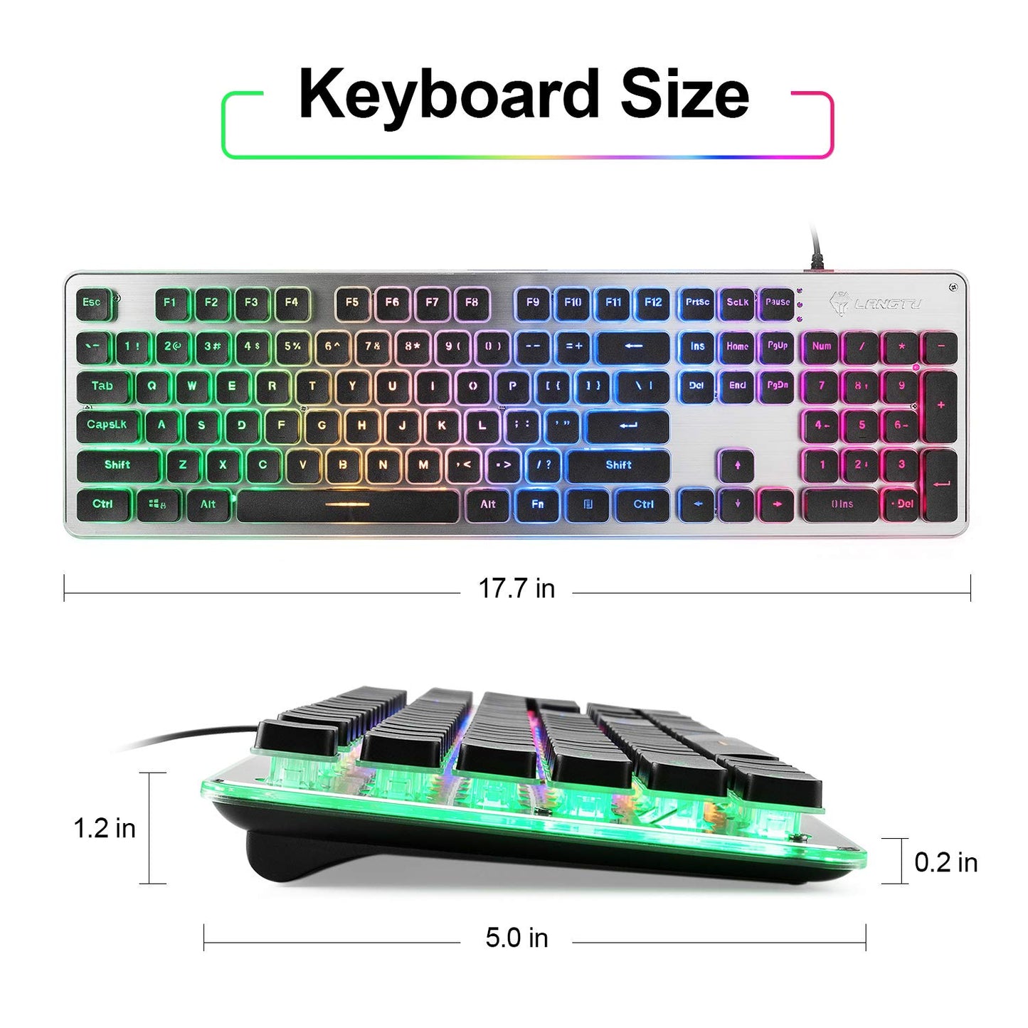 LANGTU Membrane Gaming Keyboard, 104 Keys Anti-Ghosting, LED Backlit, Black/Silver, 43.7*13.33*3.5cm, Model B07QW