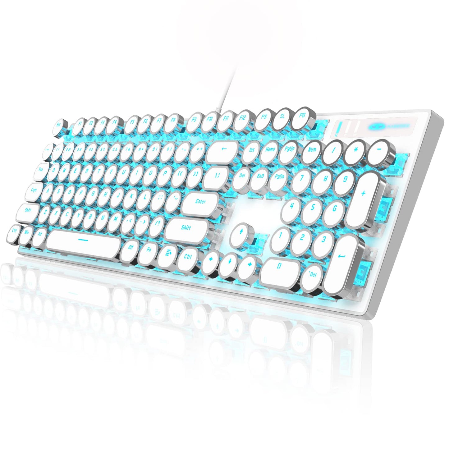Camiysn Typewriter Mechanical Gaming Keyboard, 104 Keys, Blue Backlit, Round Keycaps, White, Model CPKJXFBWHITE602