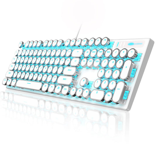 Camiysn Typewriter Mechanical Gaming Keyboard, 104 Keys, Blue Backlit, Round Keycaps, White, Model CPKJXFBWHITE602