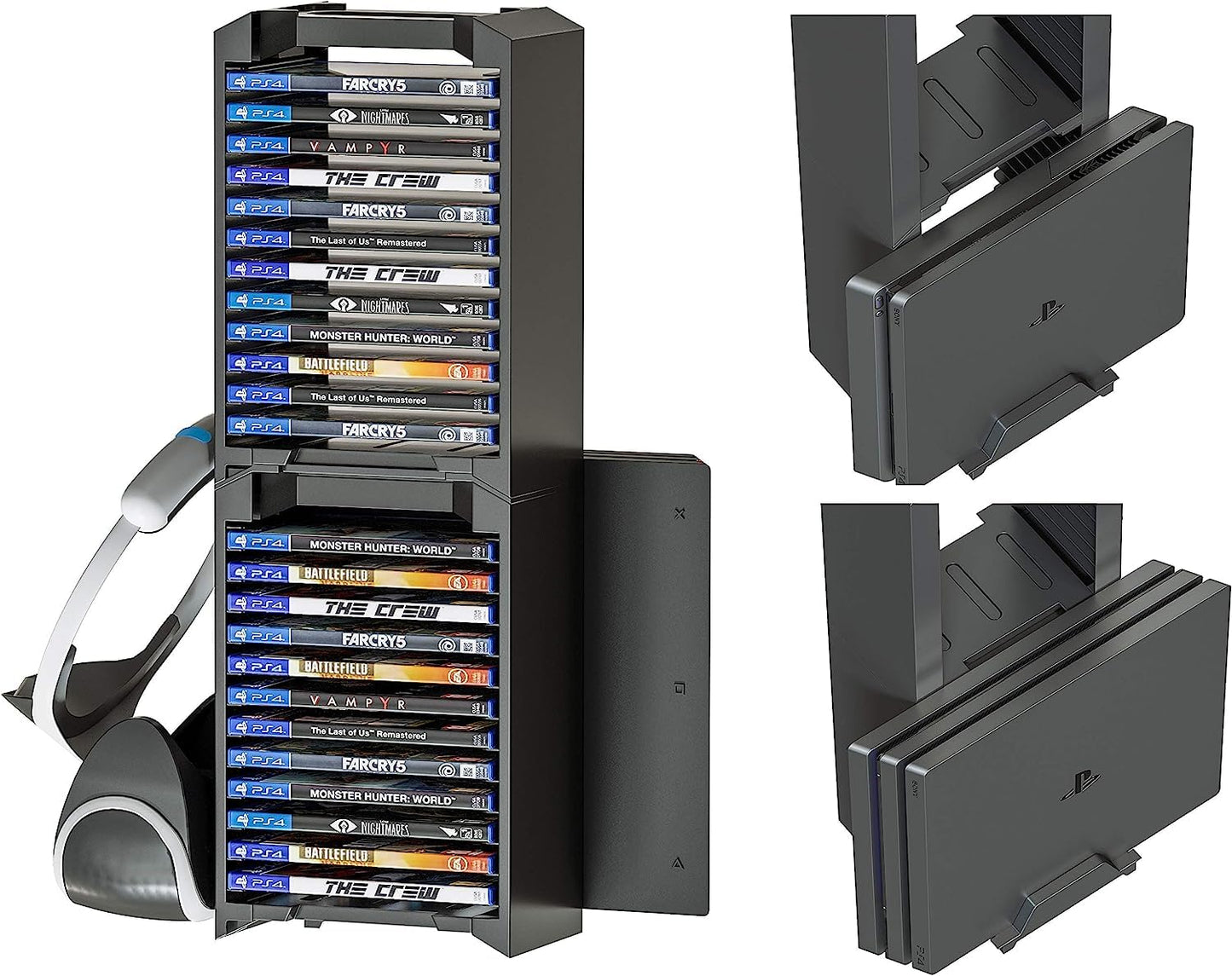 Skywin Video Game Storage Stand Tower for PS5/PS4/Xbox - 24 CD Organizer, VR Hanger, 12x8x5 inches, Black, Model SW-DBOR